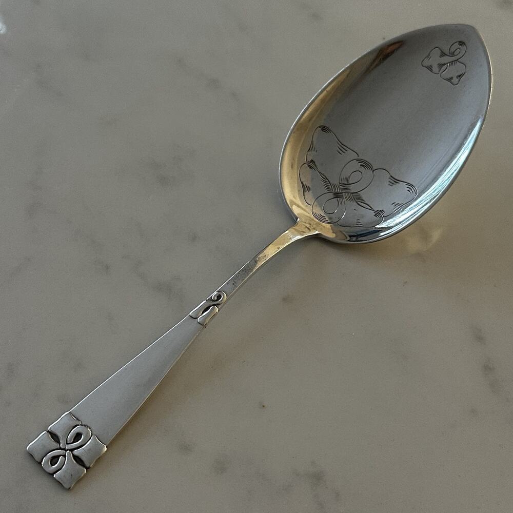 Silver Serving Spoon Engraved Knot Ribbon Design Danish Denmark 830 Silver